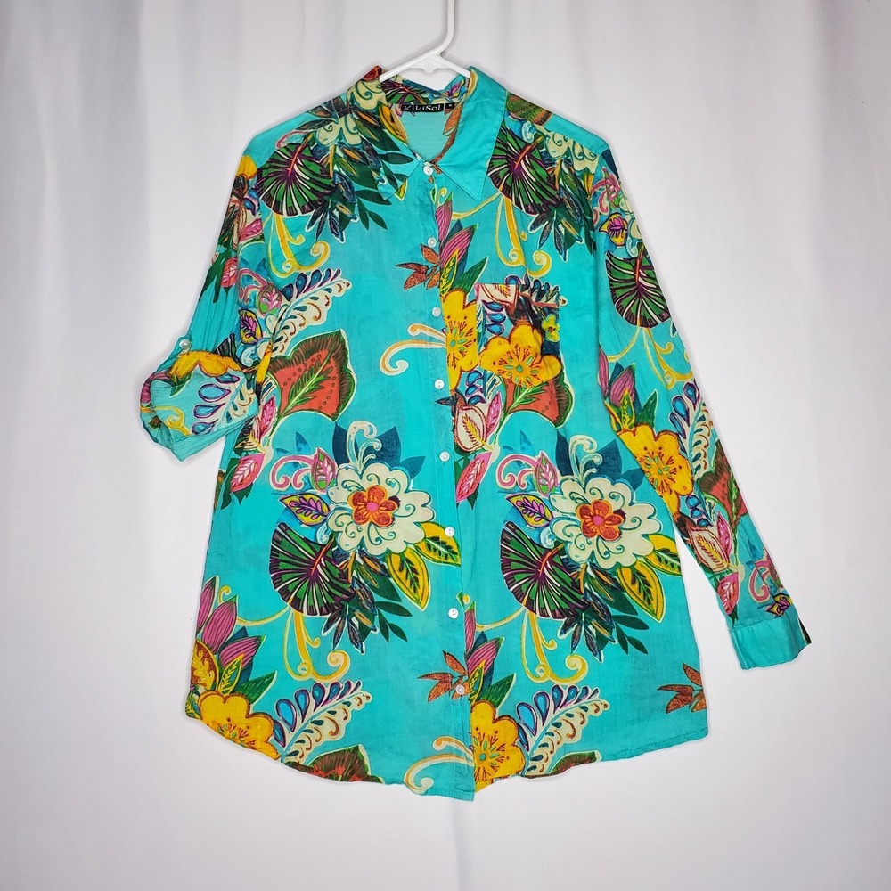 Kikisol‎ Tunic Womens Small Turquoise Multicolor Floral Gauze Button Coastal